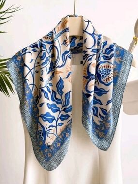 Blue & Cream Floral Silk-Look Scarf